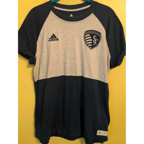 Adidas Women's Sporting Kansas City MLS Soccer Super Soft T-Shirt Navy/Gray Sz L - Picture 2 of 8